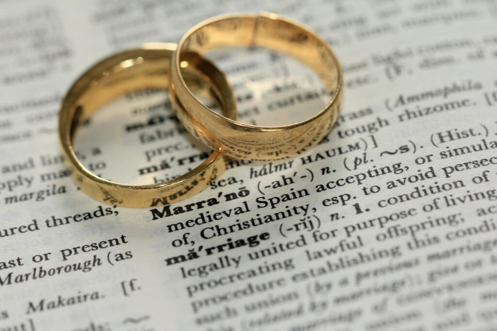 two wedding rings placed on a book